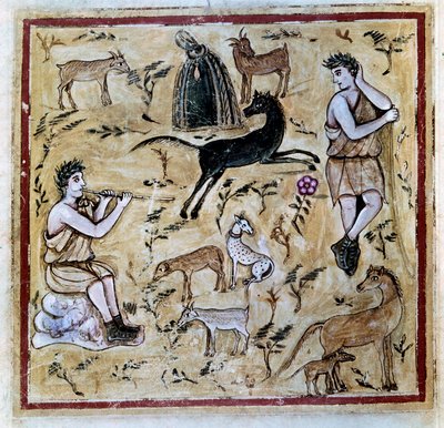 Herders met hun kuddes, illustratie uit de Codex Vergilius Romanus door Roman